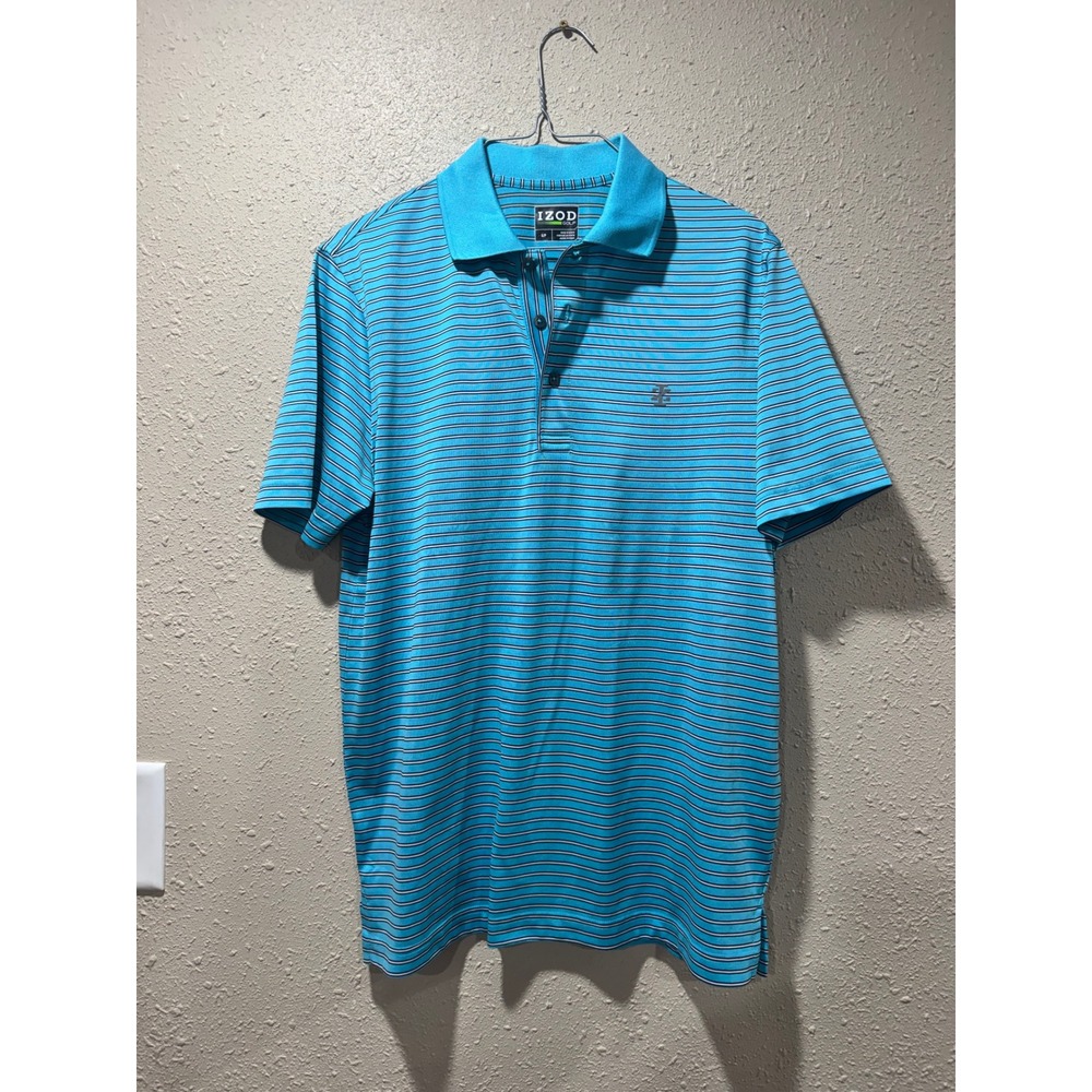 IZOD Golf Mens Small Turquoise Blue Striped Performance Short Sleeve Polo Shirt